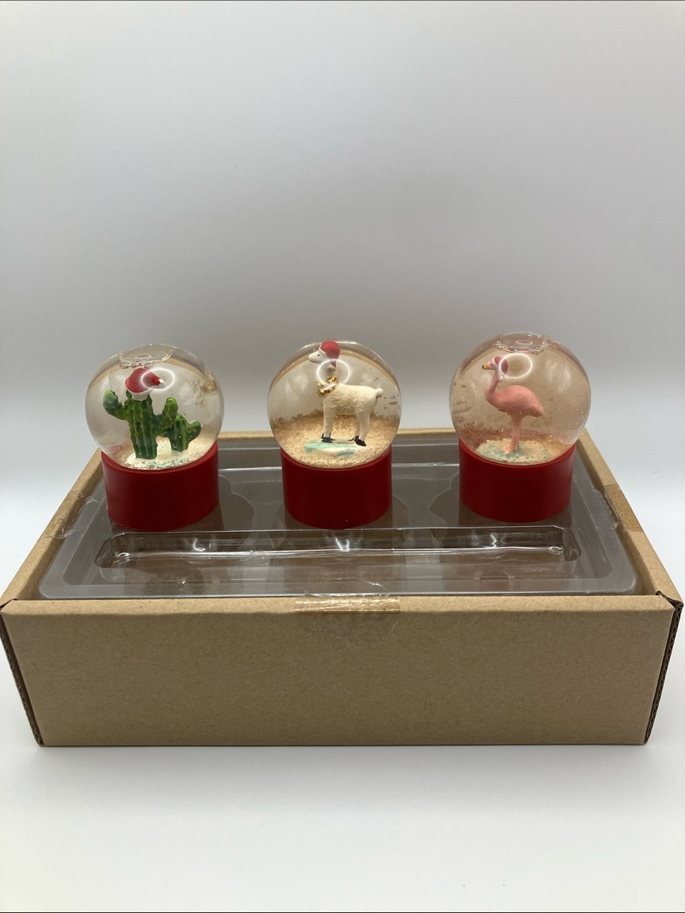 Set Of 3 Mini Christmas Snow Globes Llama Cactus Flamingo Holiday Decor NWT